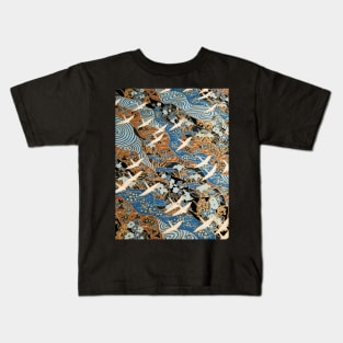 FLYING WHITE CRANES ON BLUE WATERS AND SPRING FLOWERS Gold Teal Blue Japanese Floral Kids T-Shirt